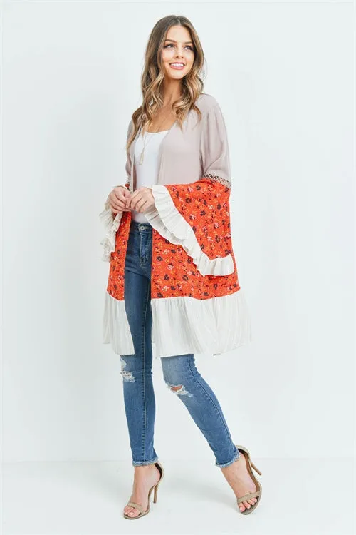 Taupe and Orange Floral Bell Sleeve Cardigan