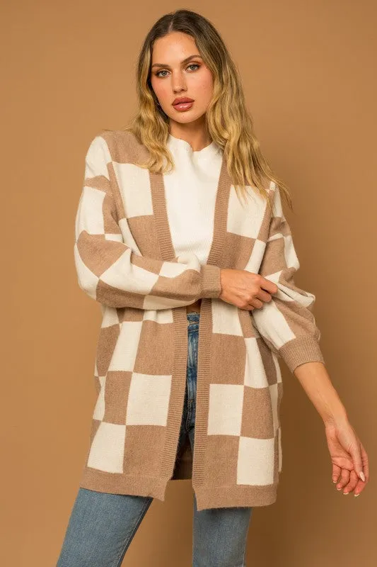 Taupe-White Checker Graphic Sweater Cardigan