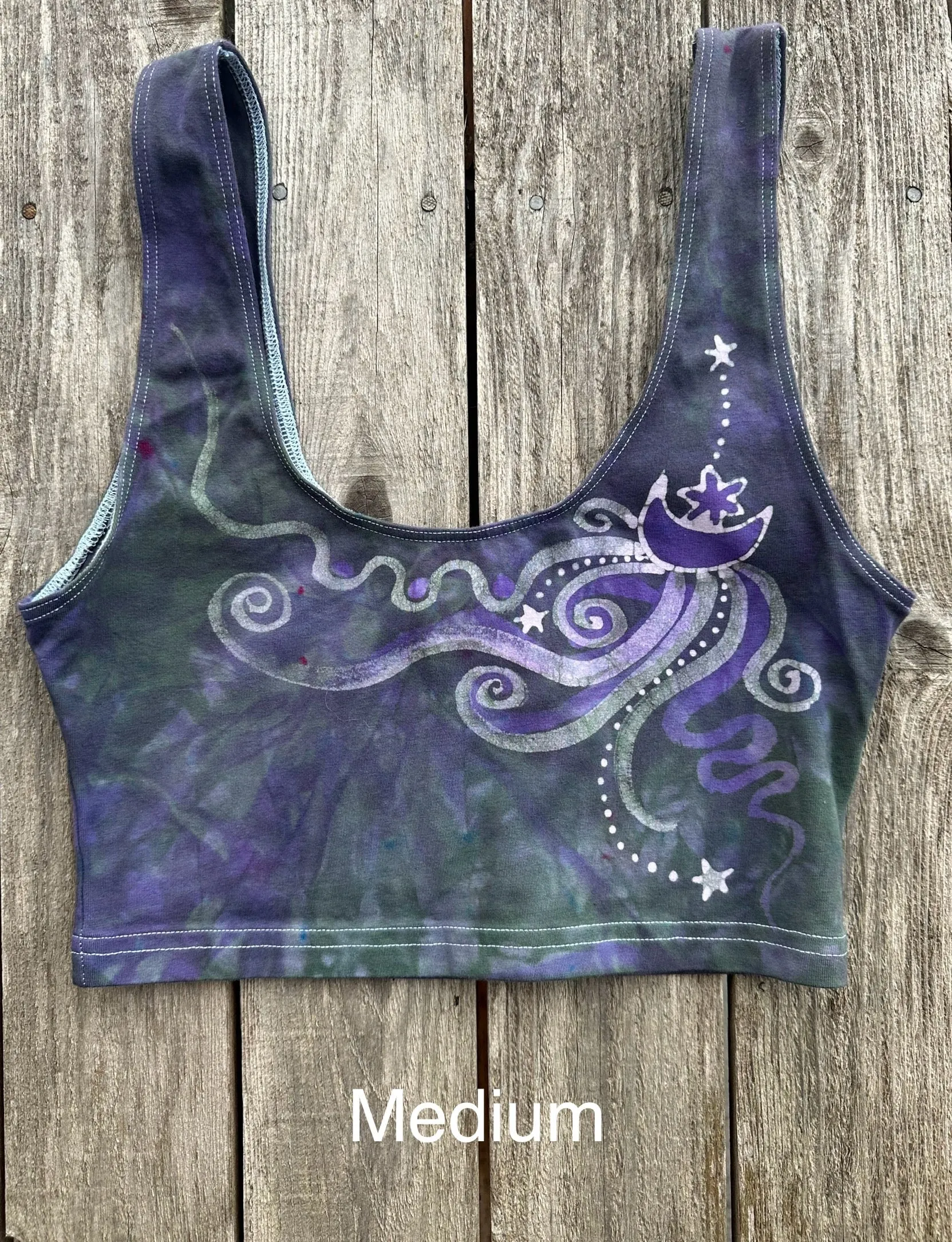 Teal and Purple Moonbeams with Stars Hand Painted Batik Sports Bra