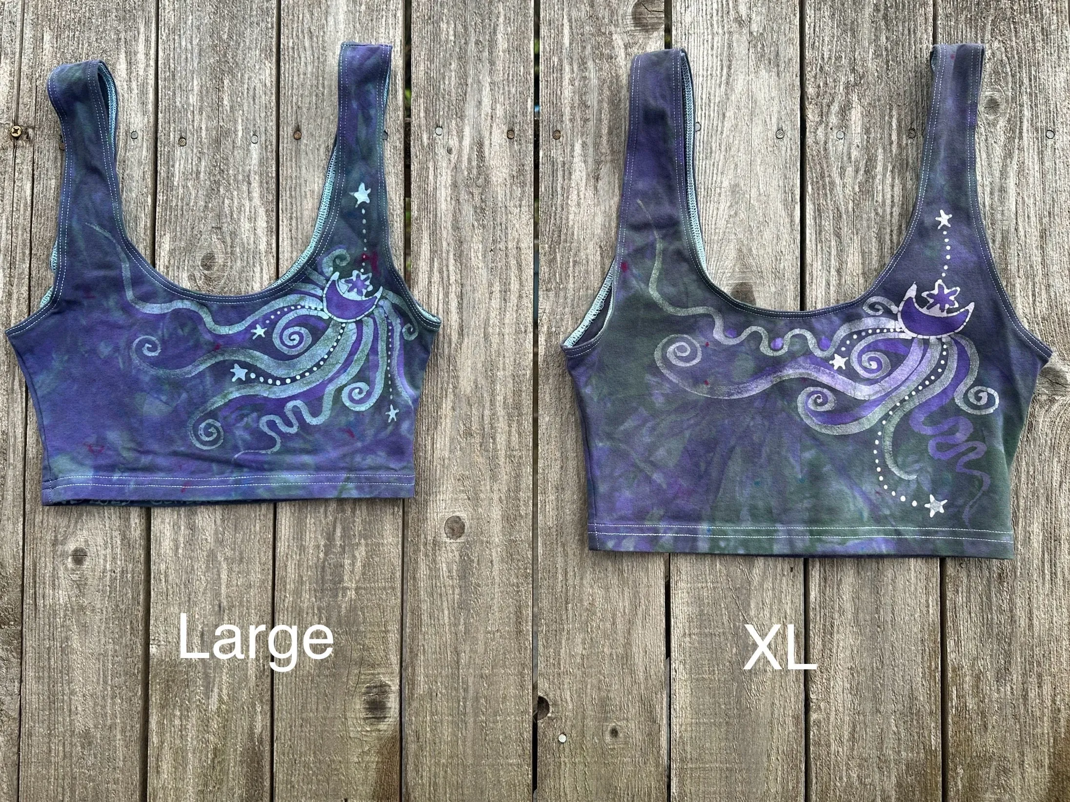 Teal and Purple Moonbeams with Stars Hand Painted Batik Sports Bra