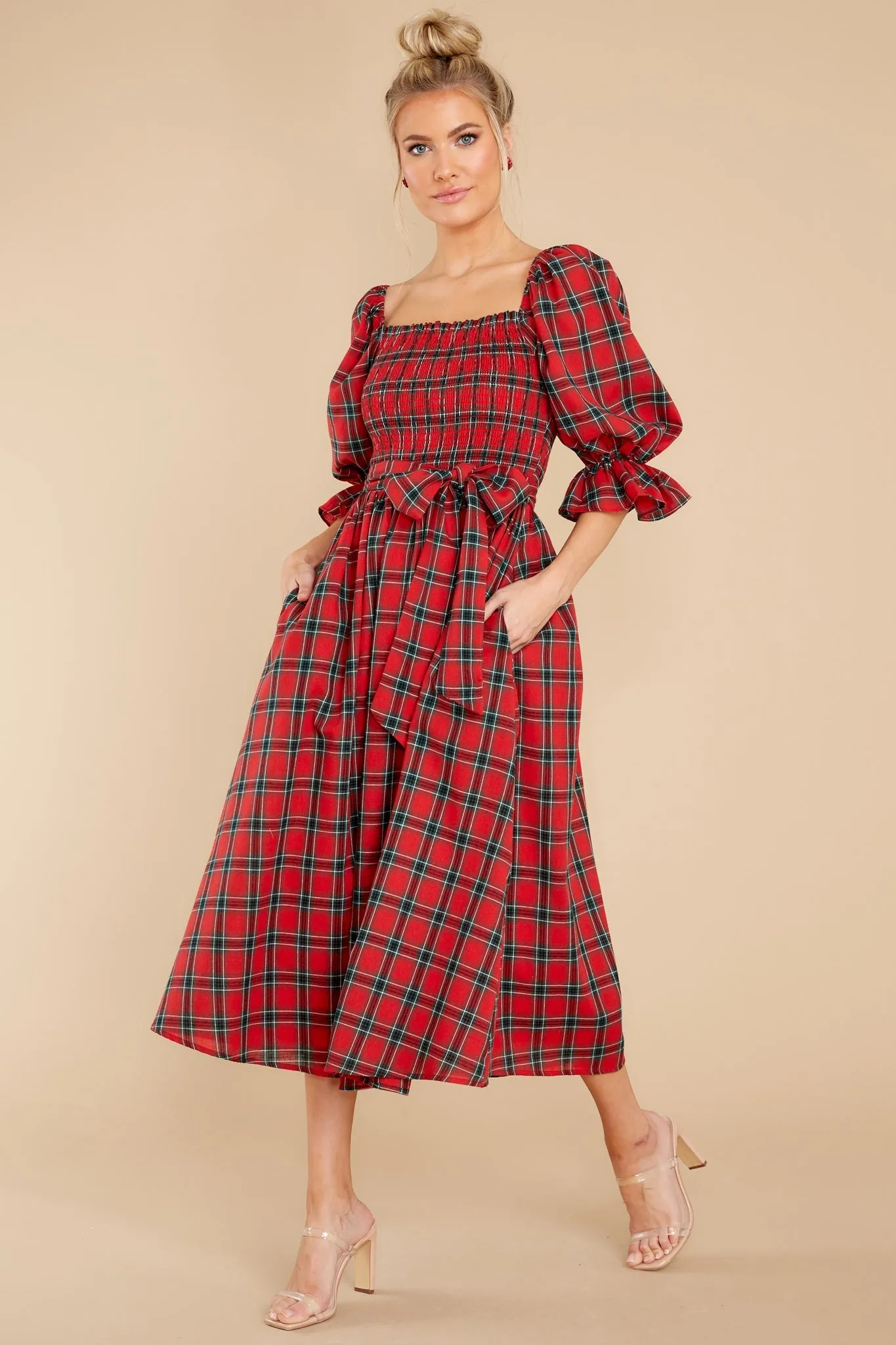 The Right Occasion Red Plaid Midi Dress