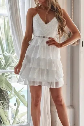 Tiered Layer Crisscross Backless Lace Short Dress