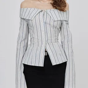 Toleet Women's Street Style old money Business Lapel Style off-Shoulder Flared Long Sleeve Striped Shirt Women's