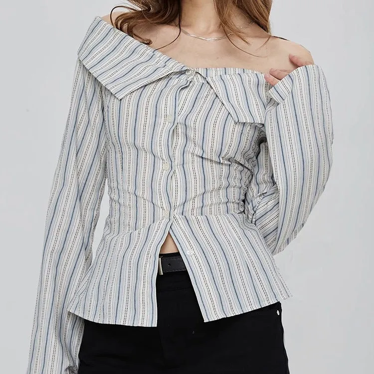 Toleet Women's Street Style old money Business Lapel Style off-Shoulder Flared Long Sleeve Striped Shirt Women's