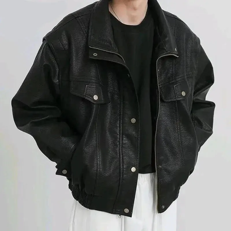 Turn-down PU leather vintage jacket