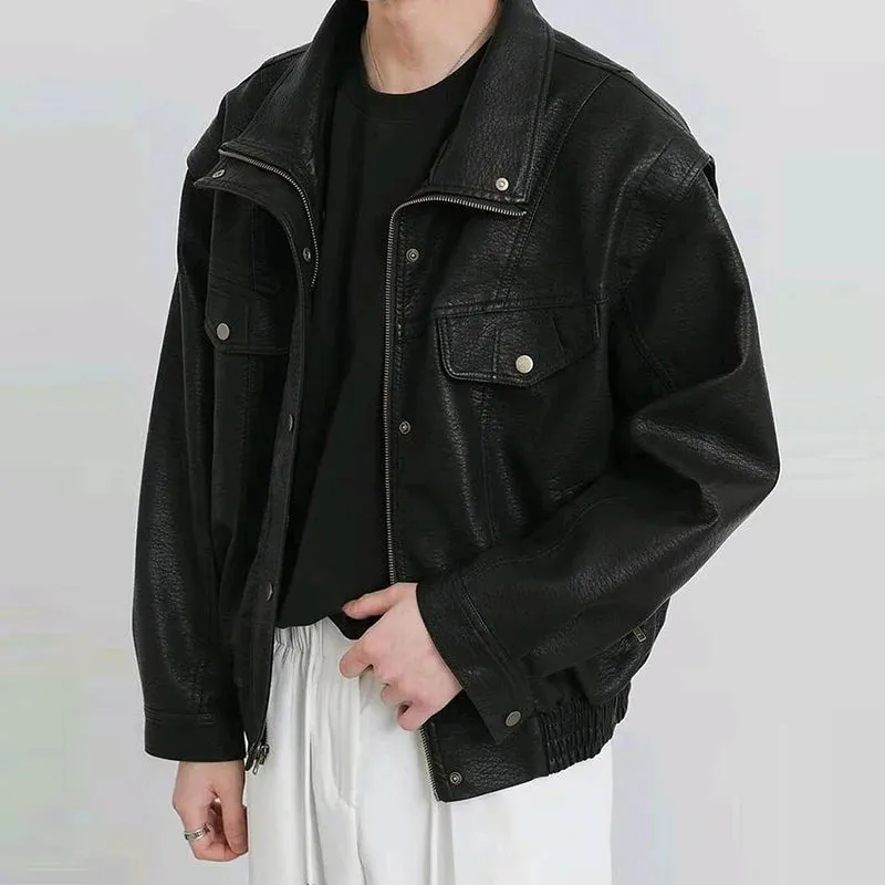 Turn-down PU leather vintage jacket