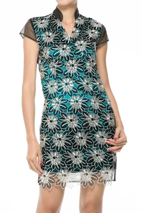 TURQUOISE SEE THROUGH QIPAO WITH All OVER FLORAL LACE FRONT LAYER