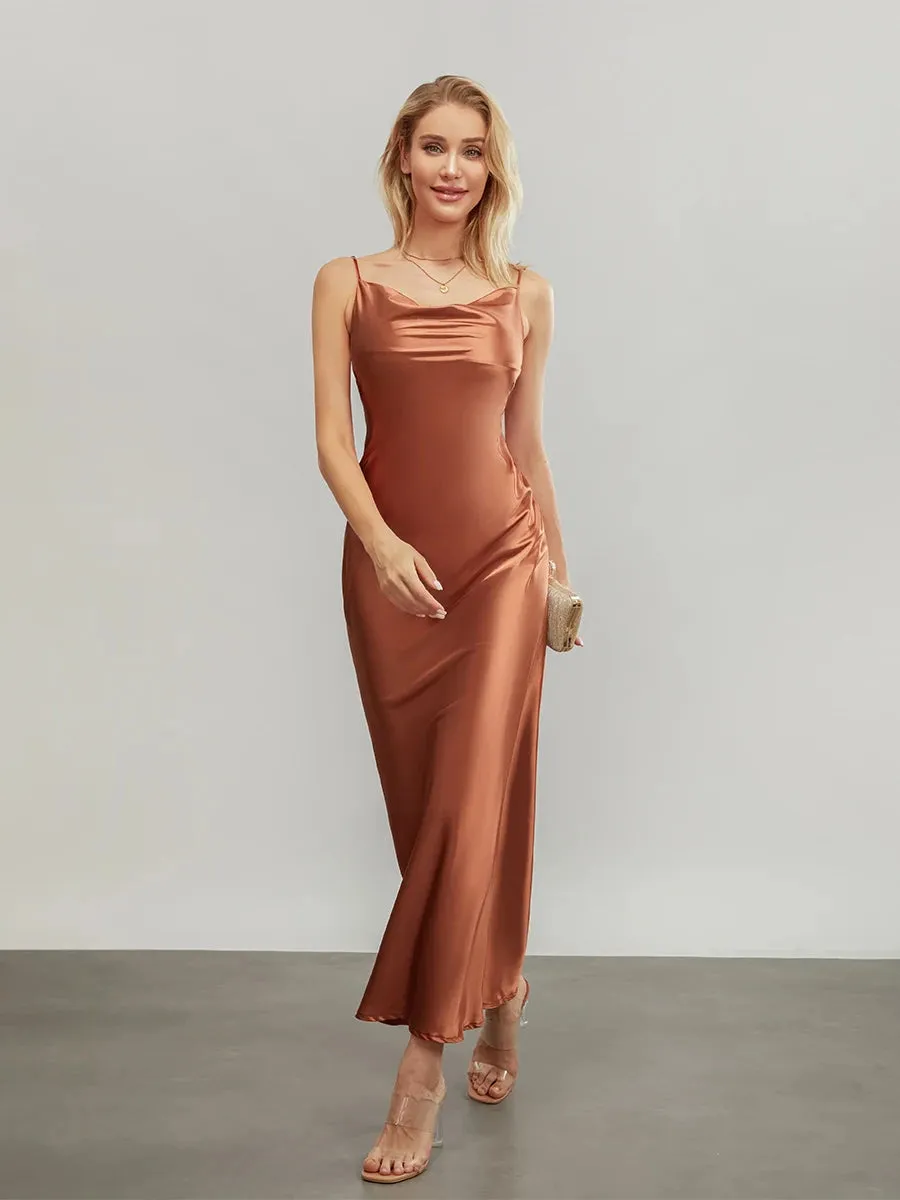 Uniwim Elegant Spaghetti Straps Satin Long Dress Solid Color Sleeveless Cowl Neck Wrap Party Dress Summer Backless Cami Dress