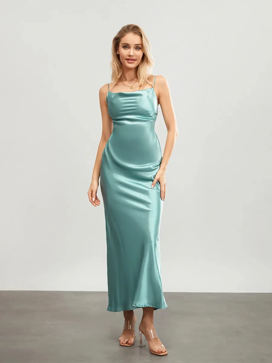 Uniwim Elegant Spaghetti Straps Satin Long Dress Solid Color Sleeveless Cowl Neck Wrap Party Dress Summer Backless Cami Dress