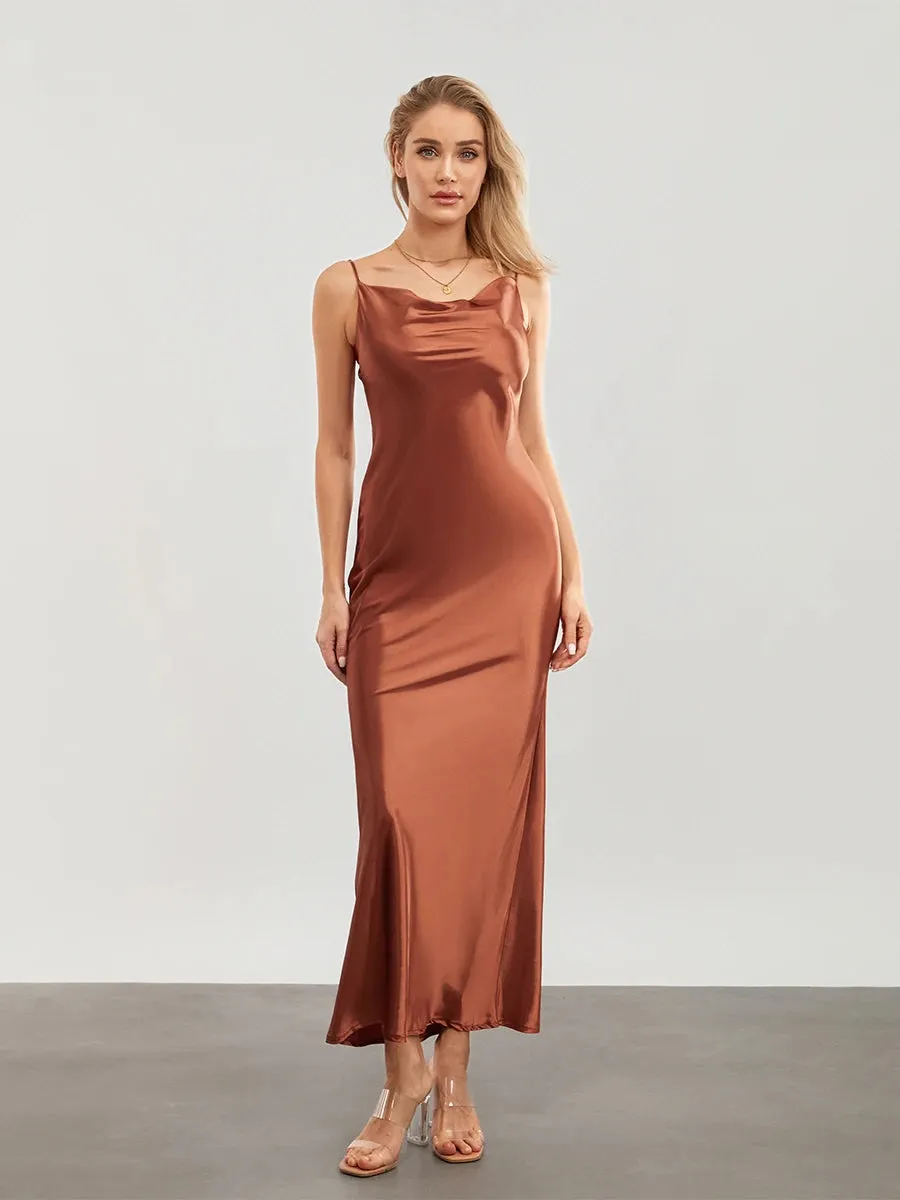 Uniwim Elegant Spaghetti Straps Satin Long Dress Solid Color Sleeveless Cowl Neck Wrap Party Dress Summer Backless Cami Dress