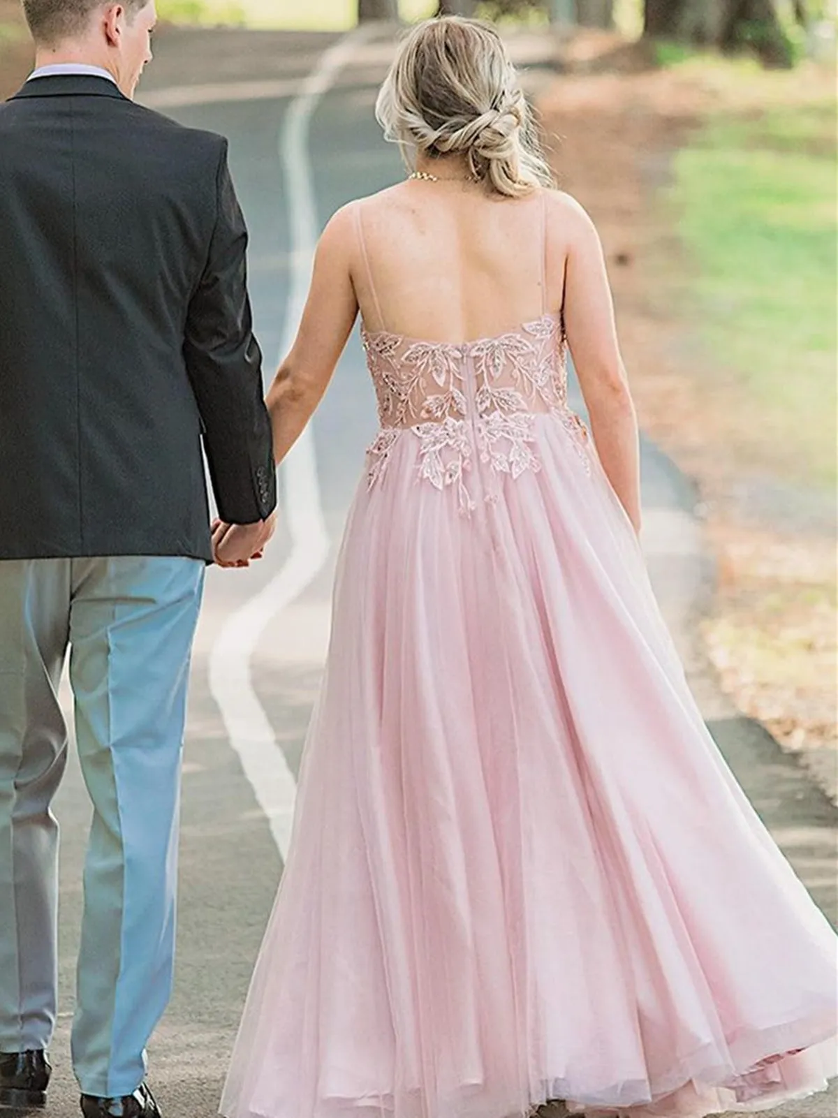 V Neck Backless Pink Lace Long Prom Dresses, Backless Pink Formal Dresses, Pink Lace Evening Dresses