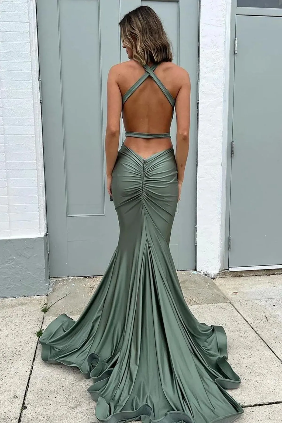 V Neck Mermaid Open Back Sage Long Prom Dress, Mermaid Sage Formal Dress, Sage Evening Dress A1916