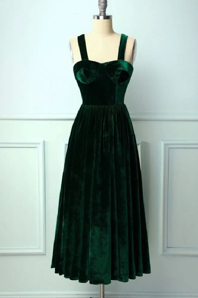 Vintage Emerald Green Velvet Tea Length Formal Dress Prom Dress,121003