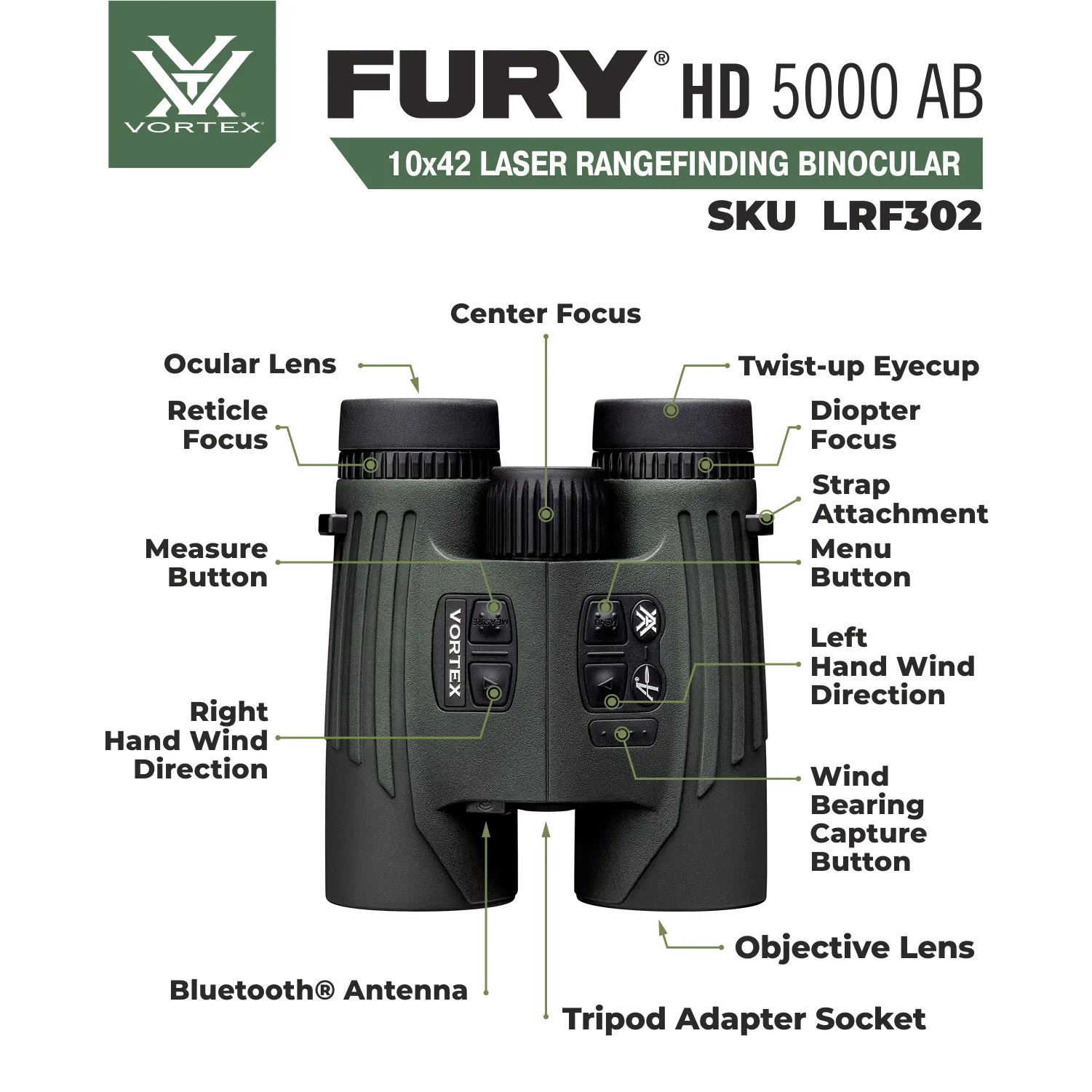 Vortex Optics Fury HD 5000 AB 10x42 Applied Ballistics Laser Rangefinding Binocular (LRF302)