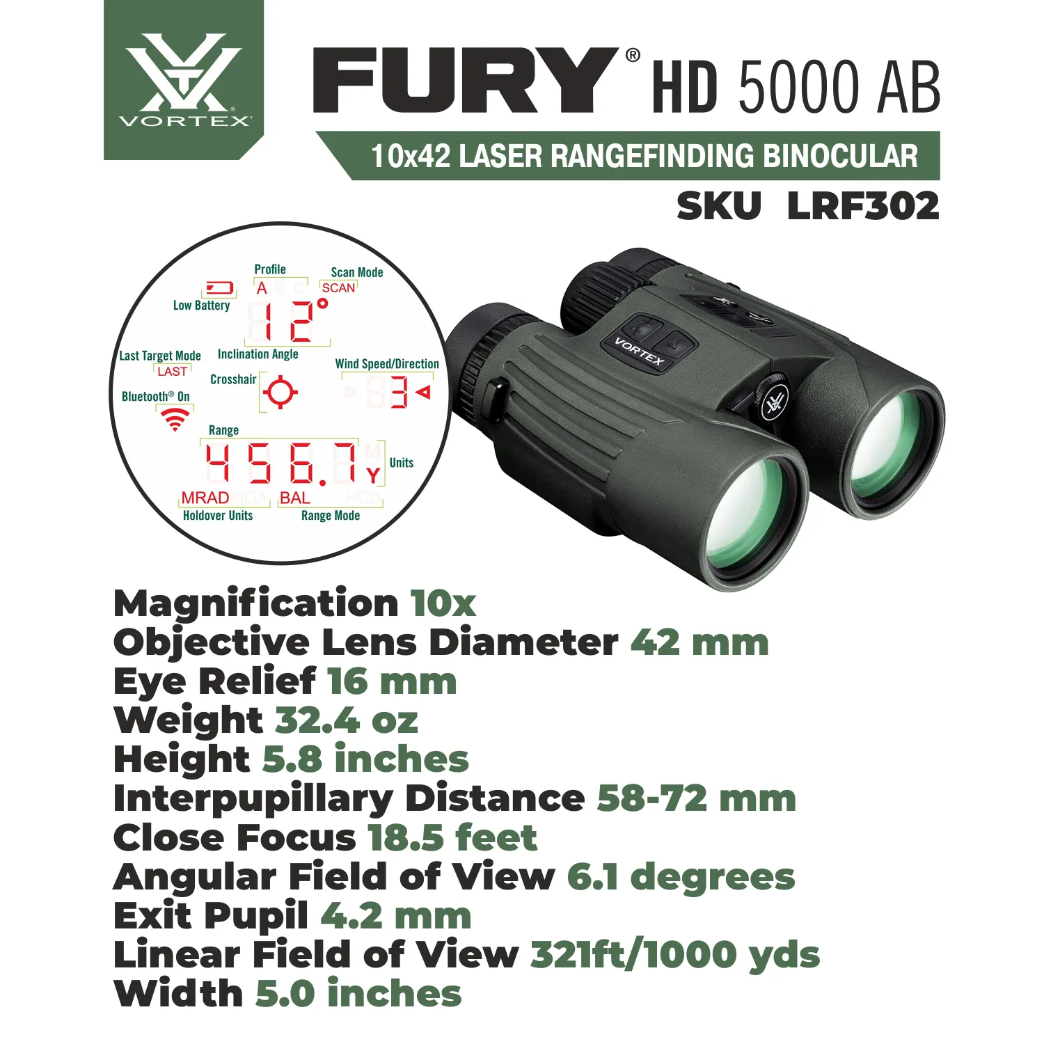 Vortex Optics Fury HD 5000 AB 10x42 Applied Ballistics Laser Rangefinding Binocular (LRF302)