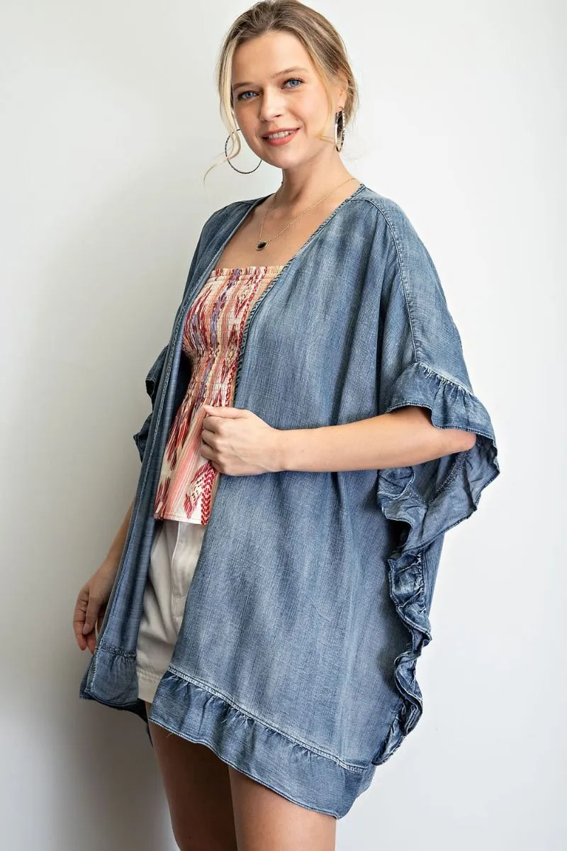 Washed denim open cardigan with ruffle detailing - RESTOCKED