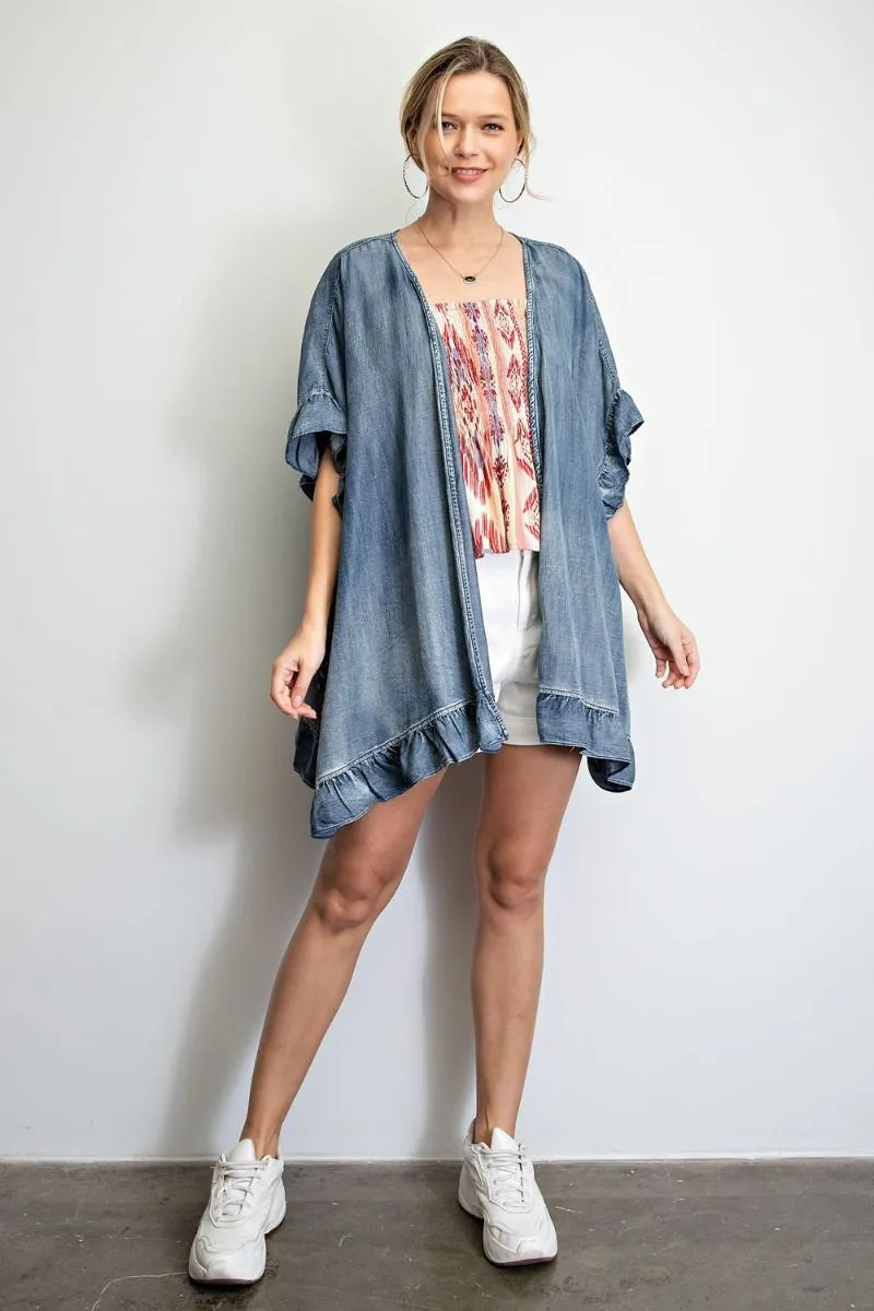 Washed denim open cardigan with ruffle detailing - RESTOCKED