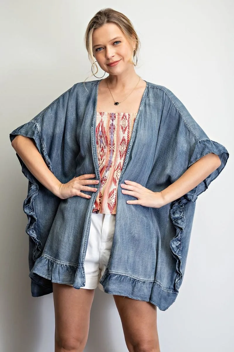 Washed denim open cardigan with ruffle detailing - RESTOCKED