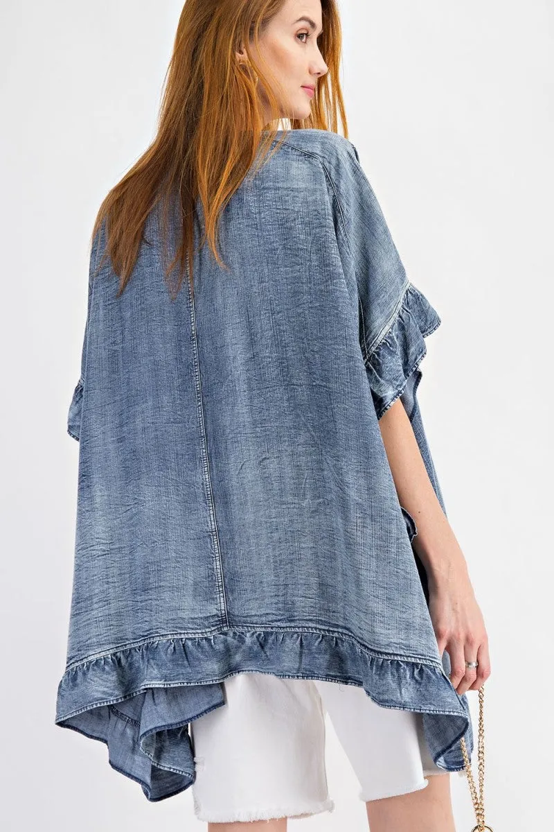 Washed denim open cardigan with ruffle detailing - RESTOCKED