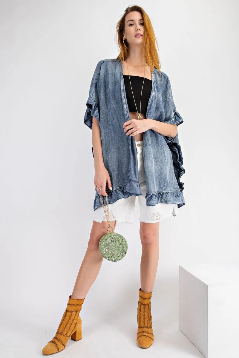 Washed denim open cardigan with ruffle detailing - RESTOCKED