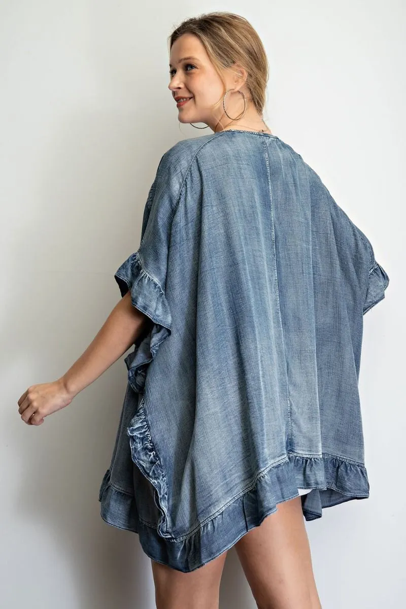 Washed denim open cardigan with ruffle detailing - RESTOCKED