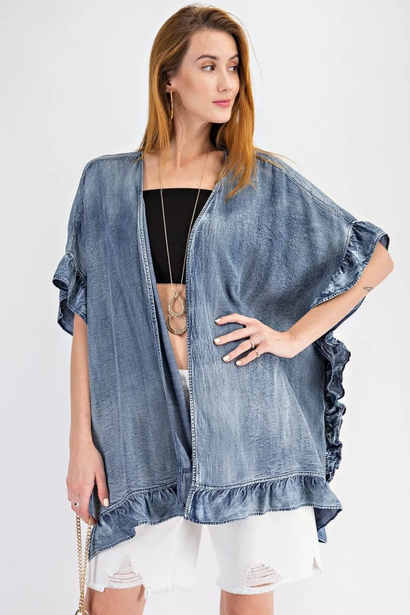 Washed denim open cardigan with ruffle detailing - RESTOCKED