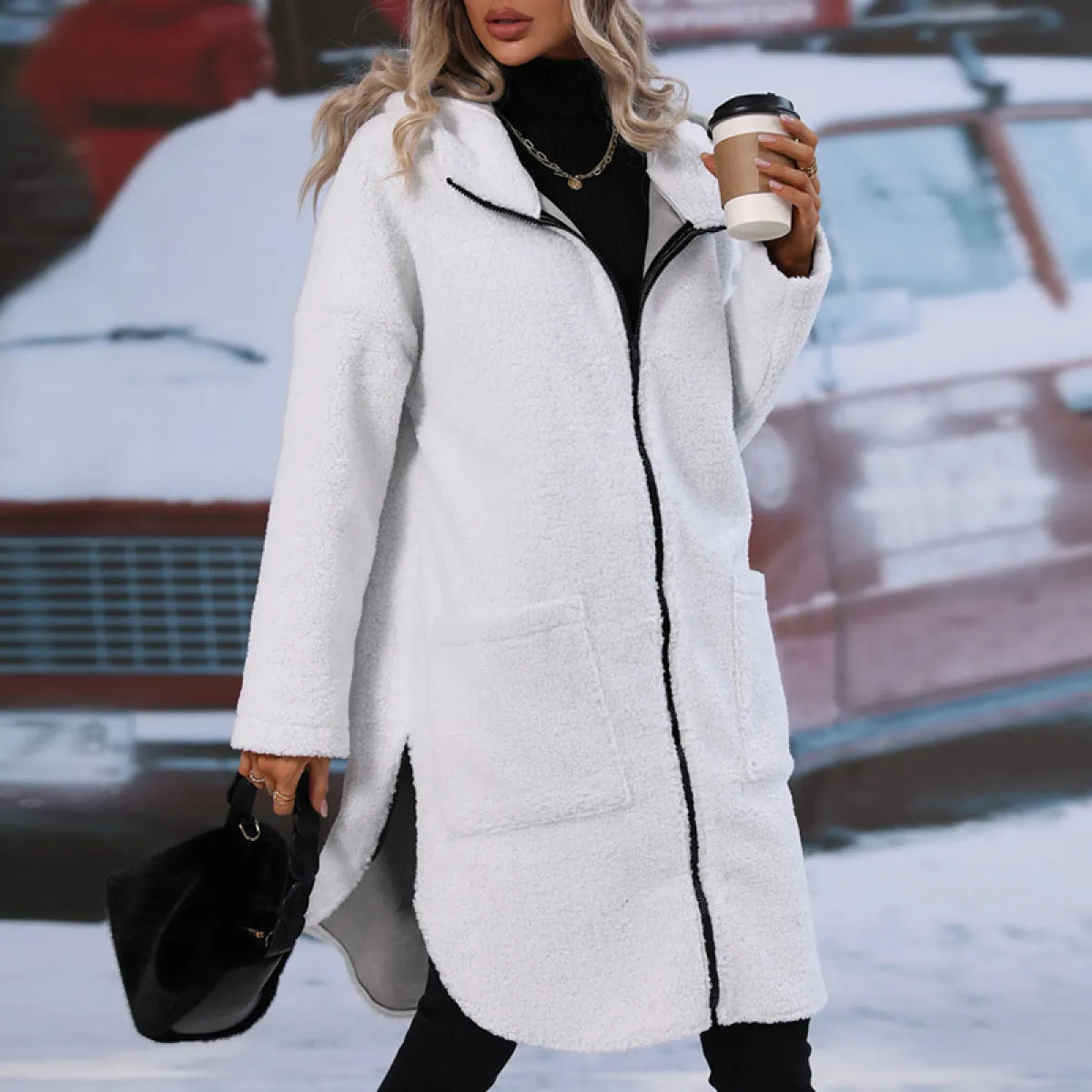 White Collared Neck Side Pocket Sherpa Fleece Slit Overcoat