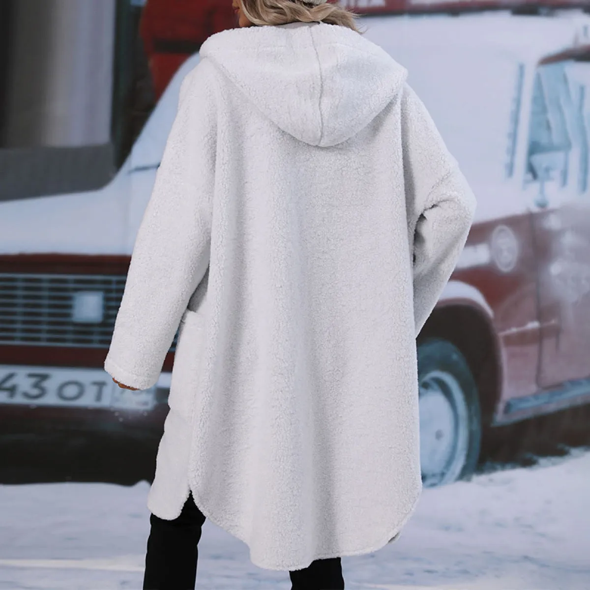 White Collared Neck Side Pocket Sherpa Fleece Slit Overcoat