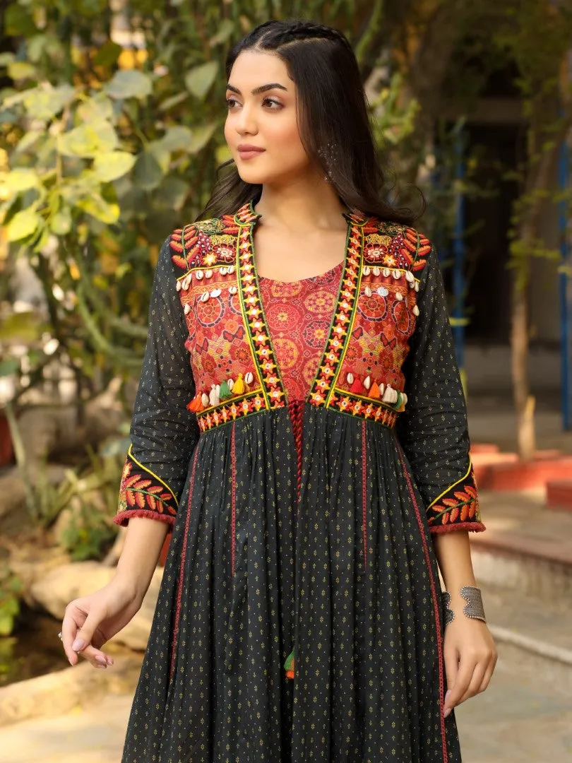 Women Black Cotton Voile Printed With Embroidered Layered Maxi Dress