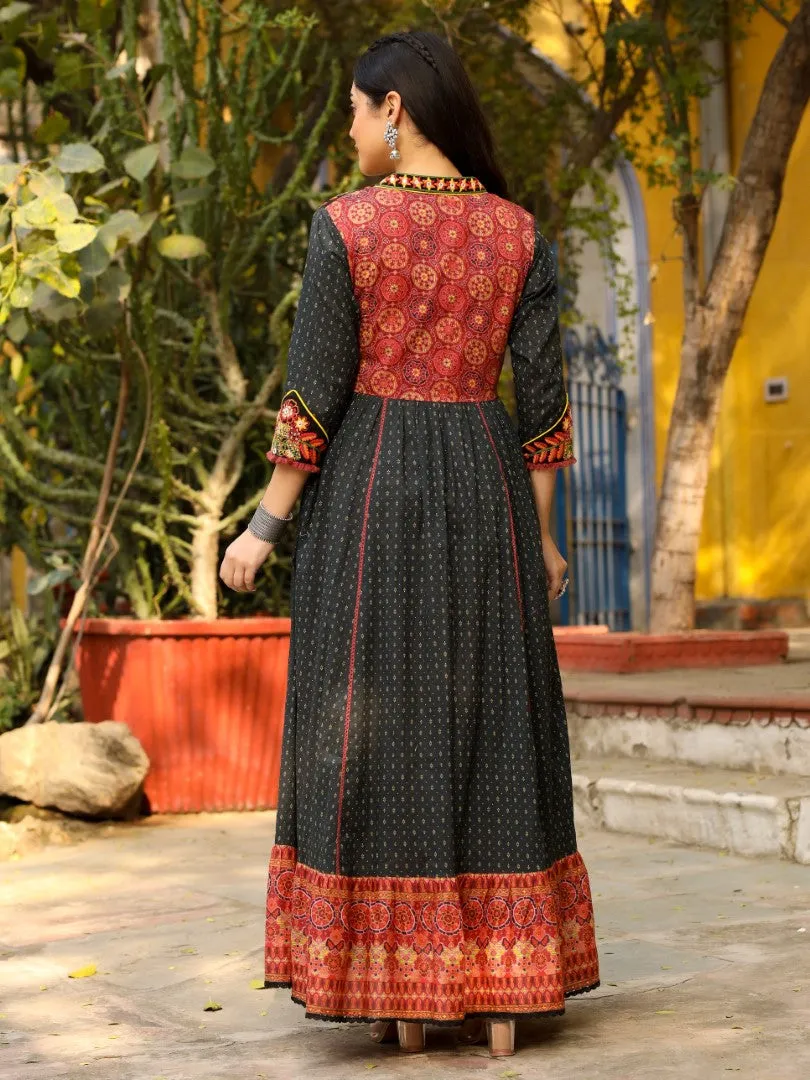 Women Black Cotton Voile Printed With Embroidered Layered Maxi Dress