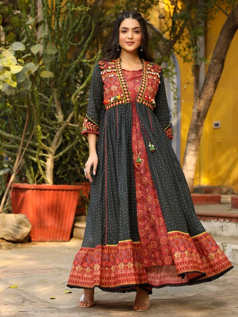 Women Black Cotton Voile Printed With Embroidered Layered Maxi Dress