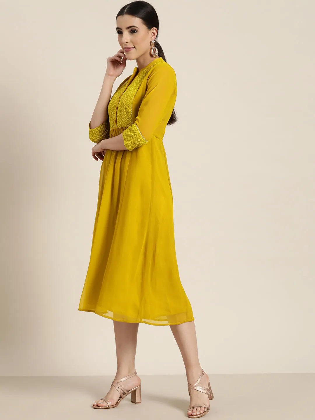 Women Mustard Georgette Embroidered Dress