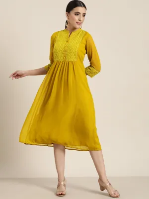 Women Mustard Georgette Embroidered Dress