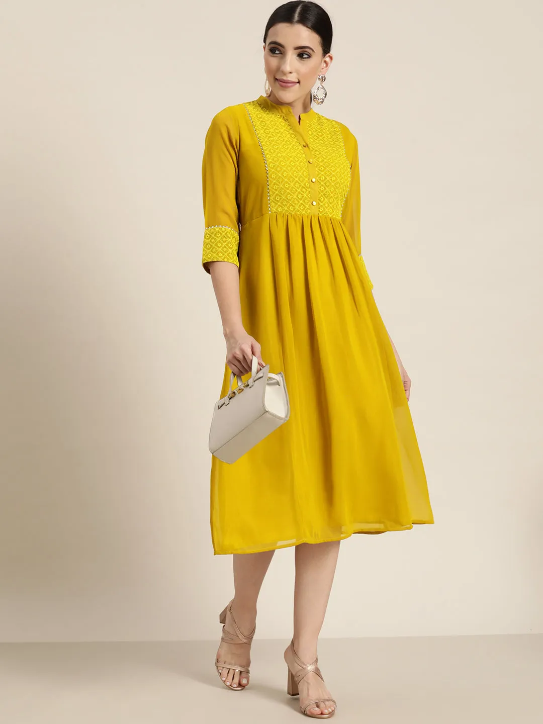 Women Mustard Georgette Embroidered Dress