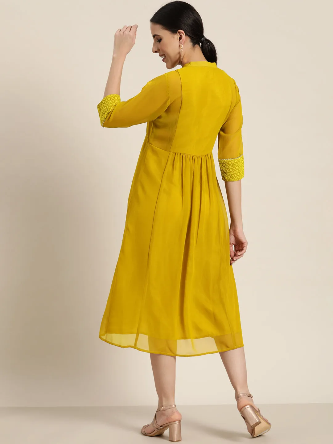 Women Mustard Georgette Embroidered Dress