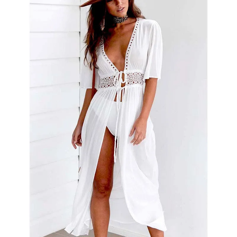 Womens Sexy Bikini Lace-Up Hollow Long Shawl Cardigan Dress