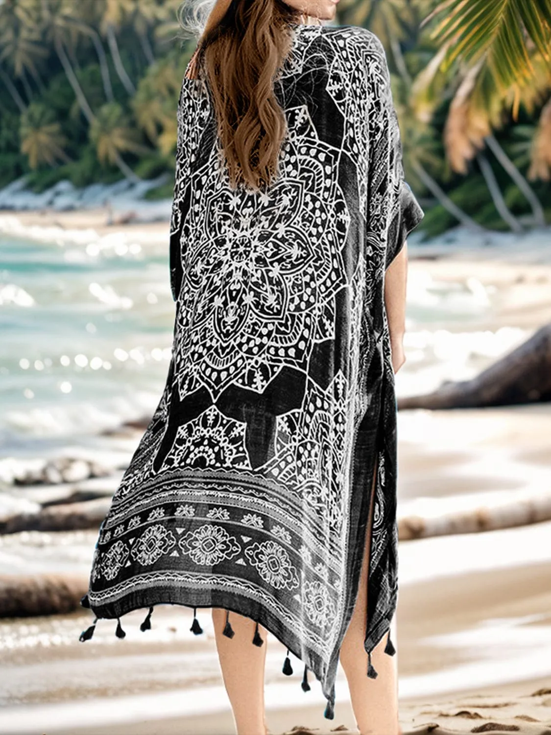 Women's Tassel-Printed Open-Front Cardigan Wrap