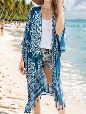 Women's Tassel-Printed Open-Front Cardigan Wrap