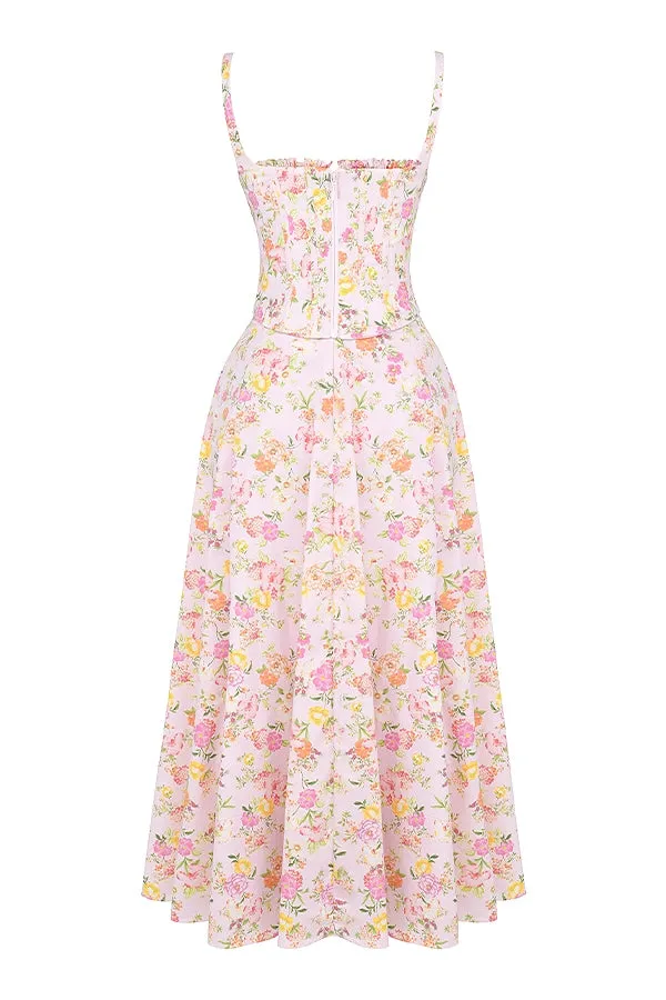 Zaya Pink Floral Print Cotton Midi Dress