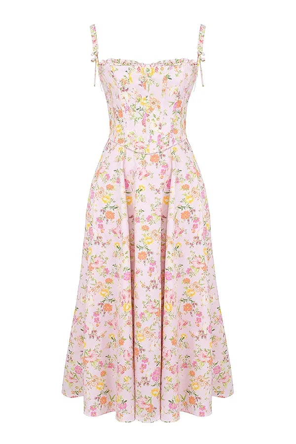 Zaya Pink Floral Print Cotton Midi Dress