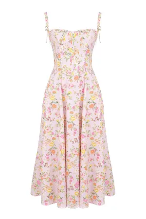 Zaya Pink Floral Print Cotton Midi Dress